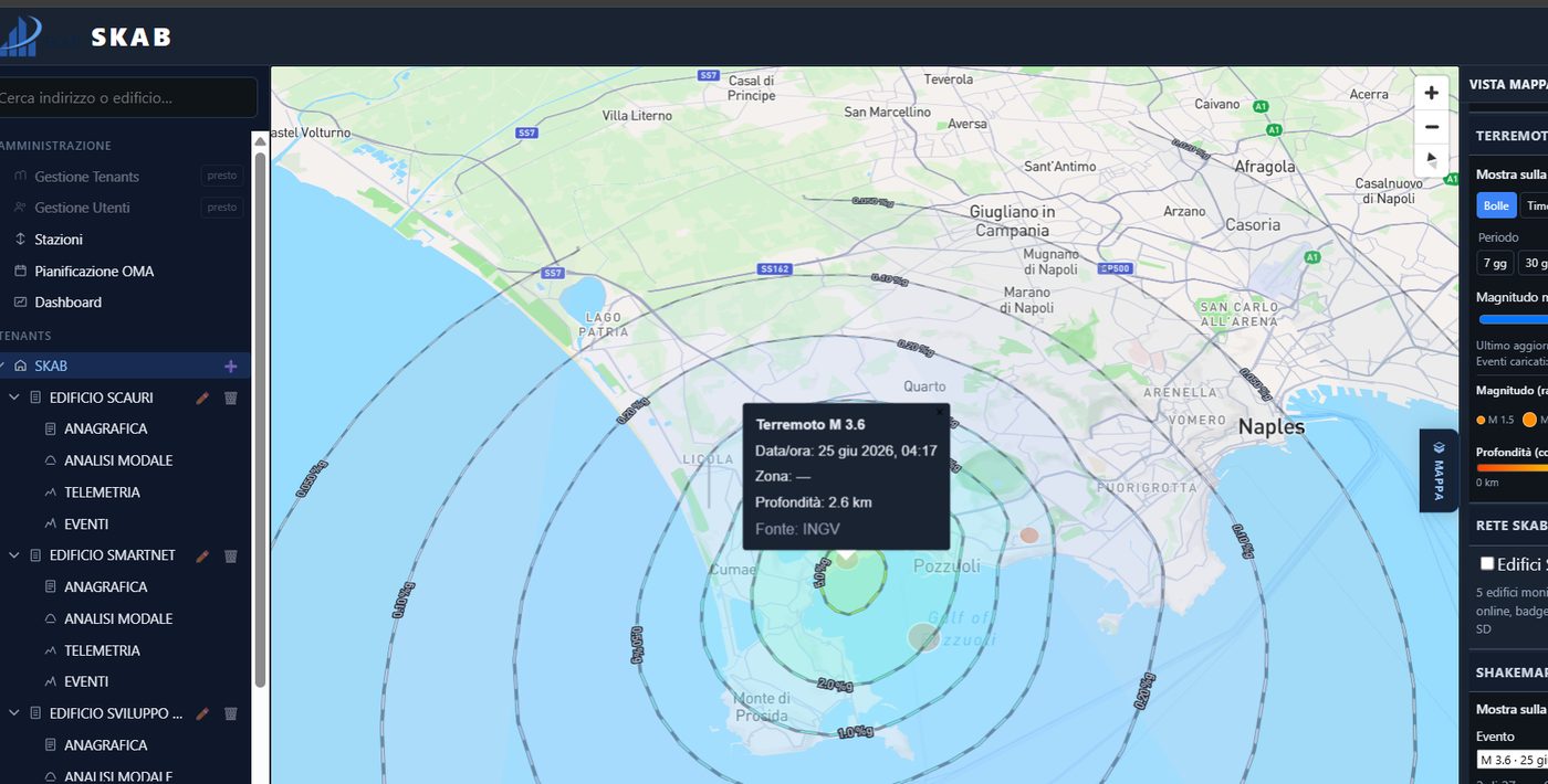 ShakeMap dell'evento sovrapposta alla mappa degli edifici